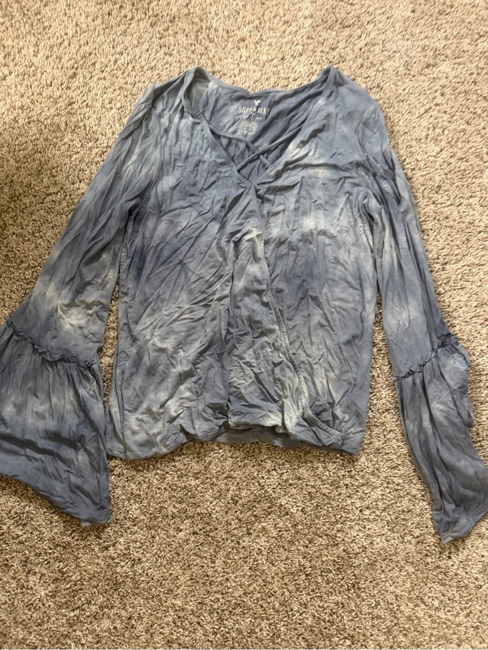 American Eagle Outfitters Blue Tie-Dye V-Neck Bell Sleeve Blouse